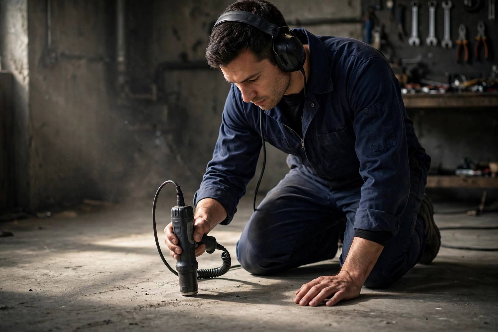 Technician using acoustic listening equipment on a concrete slab