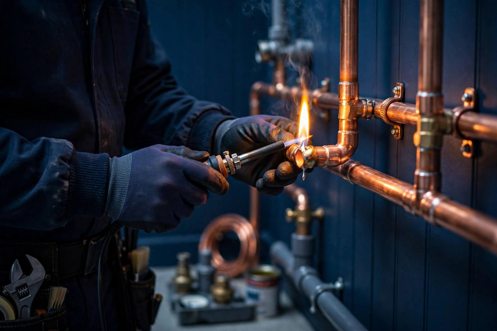 Plumber installing new copper piping during a repipe